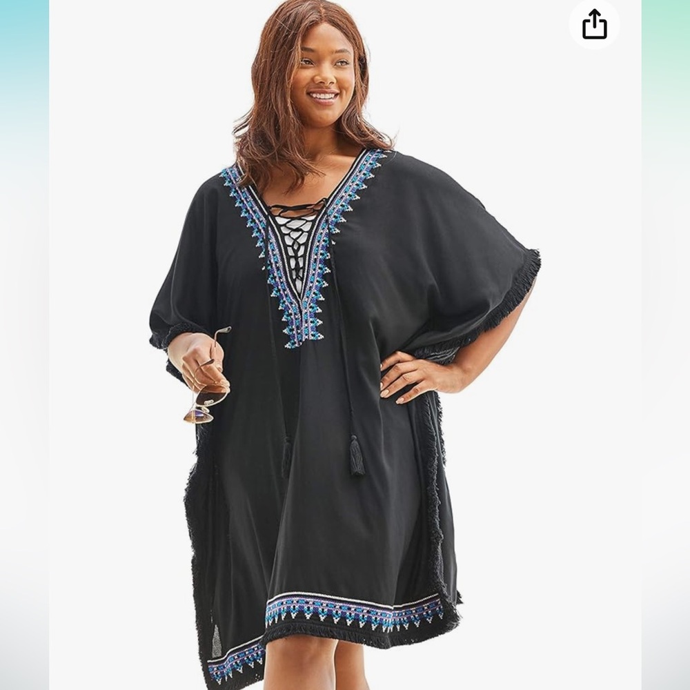 Swimsuits For All M/L Boho Fringed Embroidered Coverup Neutral Resort Beach